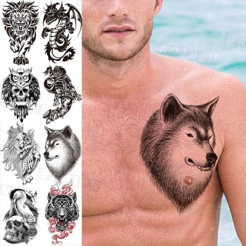 Black Wolf Head Temporary Tattoos For Men Women Realistic Fake Lion Dragon Owl Tatoos Skull Astronaut Disposable Tattoo Stickers