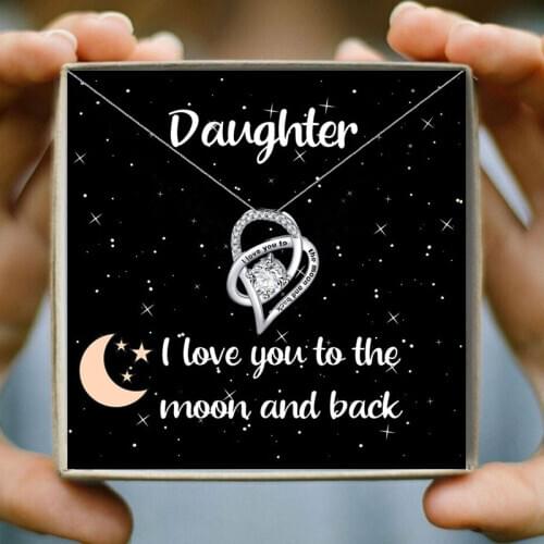 Aesthetic Heart Crystal Pendant Necklace I Love You To The Moon And Back Necklaces for Women Family Christmas Gift To Daughter