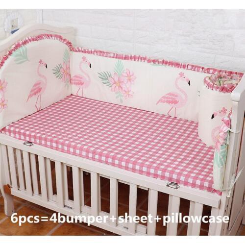 6PCS Flamingo Baby Girl Bedding Set Baby Safety Fence Baby Nursery Cot Crib Bedding toddler bed (4bumpers+sheet+pillow cover)