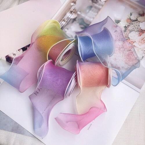 35m Gradient Rainbow Hair Ribbon Tape DIY Hair Bows Supplies Pastel Mesh Fabric Girls Hair Accessories Handmade Craft Roll