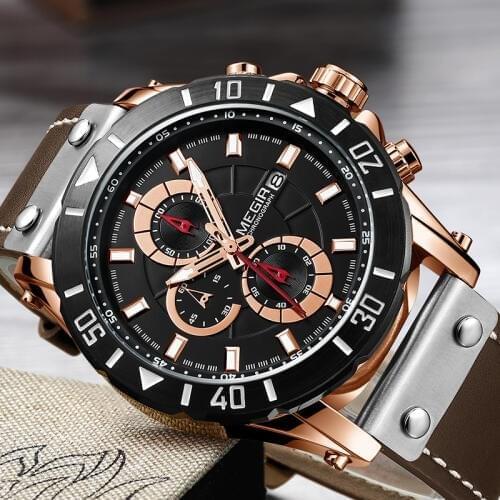 MEGIR Creative Big Dial Sport Mens Watches Luxury Brand Leather Strap Quartz Wrist Watch For Men Clock Male Relogio Masculino