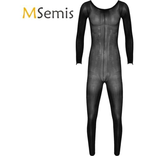 Mens Lingerie See-through Bodysuit Glossy Transparents Bodystocking Round Neck Long Sleeve Stretchy Leotard