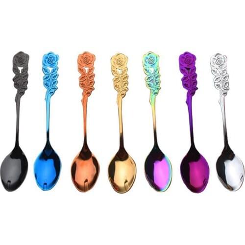 Stainless Steel Ice Cream Scoops Coffee Tea Spoon with Rose Pattern Handle