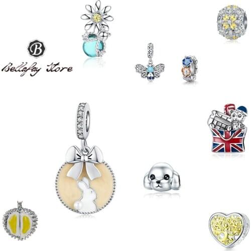 Bellafay Customed Real 925 Silver Bunny Pendants Dog Charms Bee Necklace Beads Fits Original Bracelet Bangles Girls DIY Jewelry