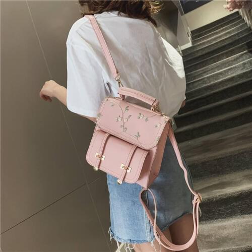 Fashion School Backpack Teenage Girls High Quality Leather Women Shoulder Bag Backpack Floral Embroidery Design Rucksack