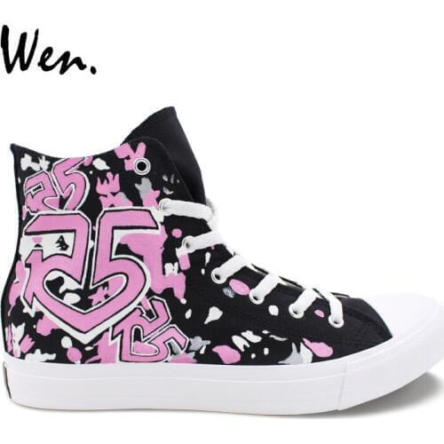 Wen Hand Painted Skateboard Shoes Design Pink Painted R5 LOUDER High Top Canvas Shoes Women Black Men Sneakers Trainers