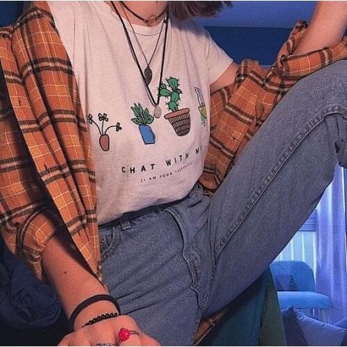 HAHAYULE Chat With Me I Am Your Therapist Plants Flower T-Shirt Women 90s Grunge Aesthetic Graphic Tee Cute Fashion Top