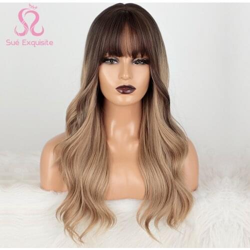 SUe EXQUISITE Long Ombre Light Ash Brown Blonde Wavy Wig Synthetic Wigs with Full Bangs For Women High Density Temperature Fibre