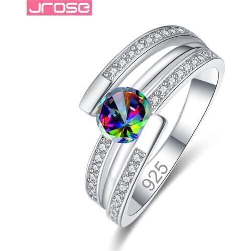 JROSE New Deasign Sterling Silver 925 Jewelry Round Rainbow & Red Zircon Wedding Rings For Women Exquisite Bijoux Sizes 6 7 8 9