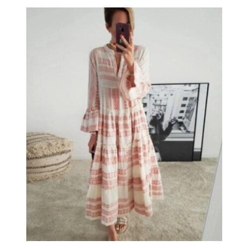 Fashion Geometric Print Dress Women Flare Sleeve V-neck Dress for Beach Vacation Casual Loose Ladies Ruffles Flared A-Line Dress
