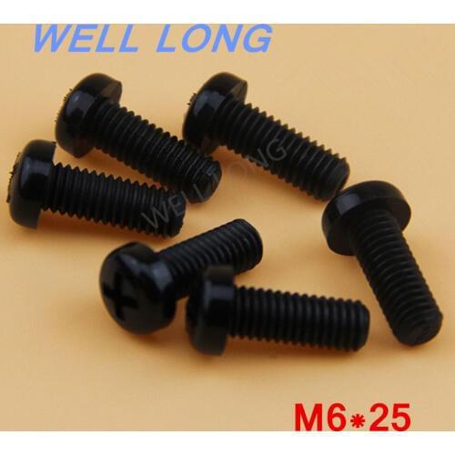 100pcs/lot M6*25mm Black Round head cross nylon screws, pan head plastic screws, plastic bolts
