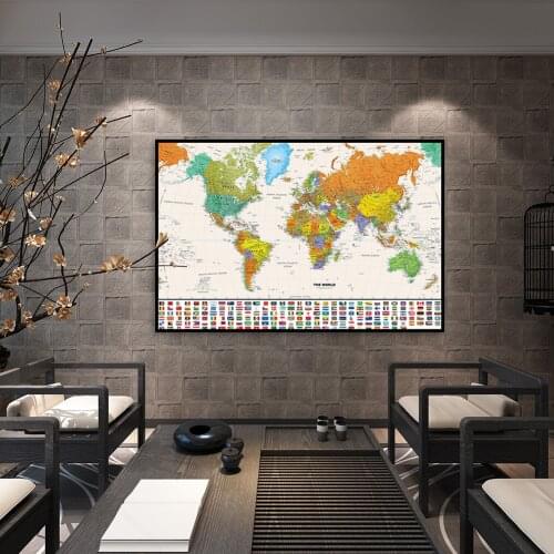 75*50cm The World Map with National Flags Canvas Painting Wall Art Poster School Supplies Living Room Home Decoration