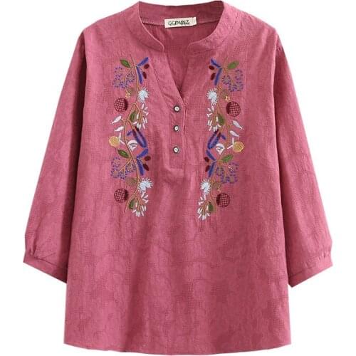Spring 2021 Women Blouse Plus Size Fashion Casual Clothes Female Tops Embroidery Cotton And Linen 3/4 Sleeve Chaqueta De Mujeres