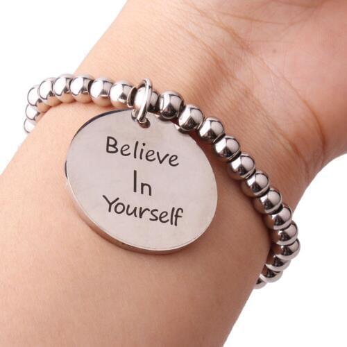 New Arrival Fashion Silver Stainless Steel Beaded Ball Handmade Bracelet "Believe in Yourself" Round Charm 8mm7.5"