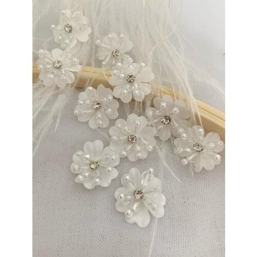 10pcs Off White 3d Florals Motif Applique Handcrafted Organza Lace Appliques With Rhinestone