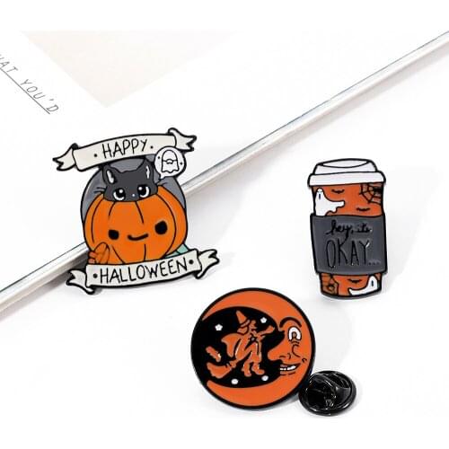 Happy Halloween Enamel Pin cat Coffee Moon Ghost Pumpkin Brooches Backpack Lapel Pin Fun Badge Pins Brooches Jewelry Accessories