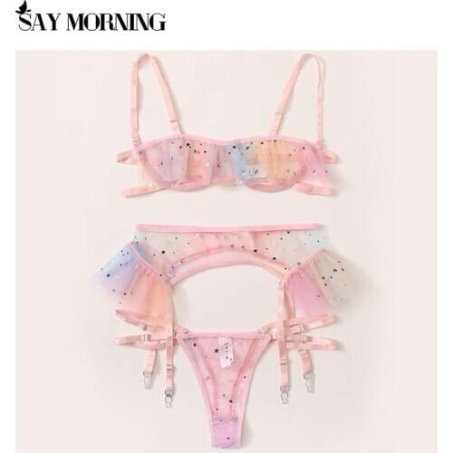 SAY MORNING Lace Hollow Sexy Bra and Panties Set Bright Stars Girl Heart Underwear Suit Contrast Sequin Mesh Garter Lingerie Set