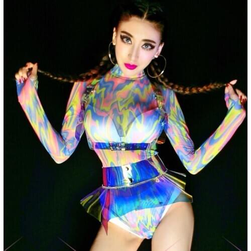 Colorful Bodysuit Stage Costumes Female Singer Bar Dancr Outfit Women Sexy Pole Dance Clothes Nightclub Dj Rave Wear DNV13169