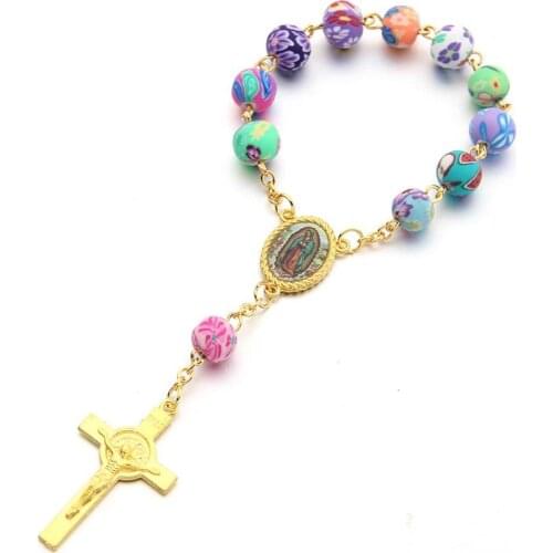 Handmade Colorful Ceramic Beads Bracelet for Women Jesus Christ Cross Prayer Bracelet Angel Baptism Chaplet Braclet for Girl