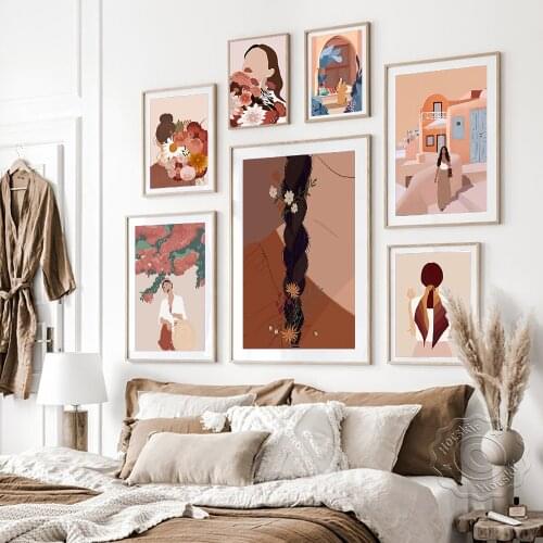 Fashion Vintage Prints Poster, Girl Abstract Figure Wall Art Canvas Painting, Nordic Pink Flower Little Fresh Style Wall Decor