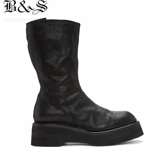 Black& Street 2018 Retro Vintage genuine leather motorcycles men Boots Cowboy platform Zipper Handmade punk Boots
