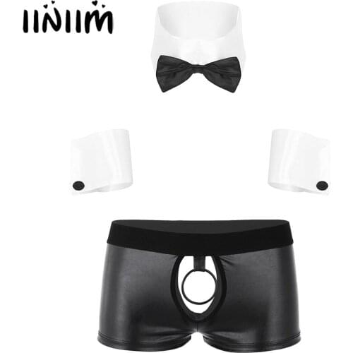 Iiniim Men Adult Nightclub Stage Dancer Costume Set Collar Cuffs with Faux Leather Cut Out Low Rise Boxer Briefs Underwear