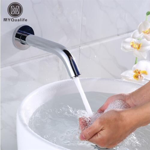 MYQualife Chrome / Gold / Antique Brass Sensor Faucet Wall mounted AC/DC Bathroom Faucet Simple infrared Sensor Mixer