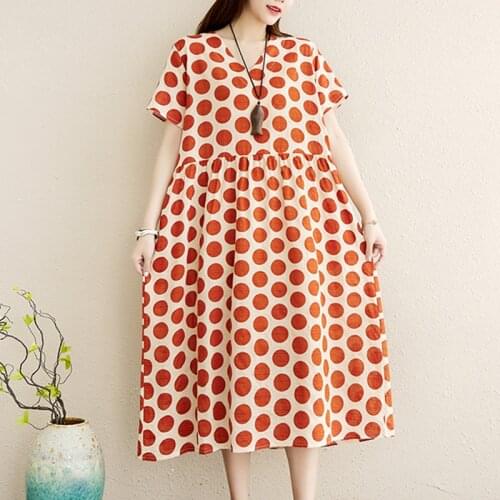 Polka Dot Print Fashion Women Dress Soft Cotton Linen V-neck Office Lady OL Work Dress Women Travel Casual Midi Summer Dress