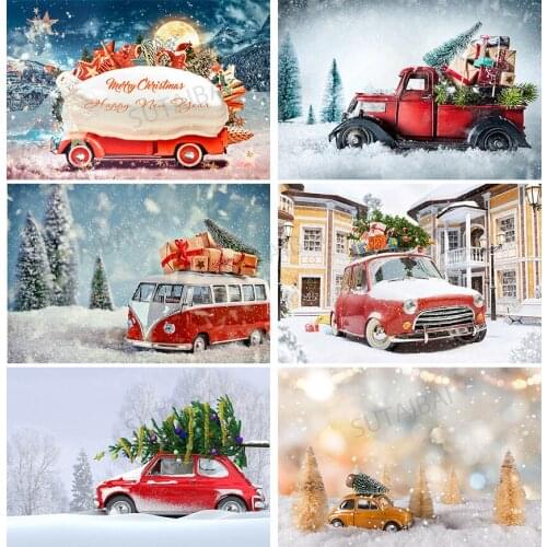 Merry Christmas Backdrops Winter Pine Truck Car Gifts Sled Snow Photography Background Famliy Portrait Kids Birthday Photocall