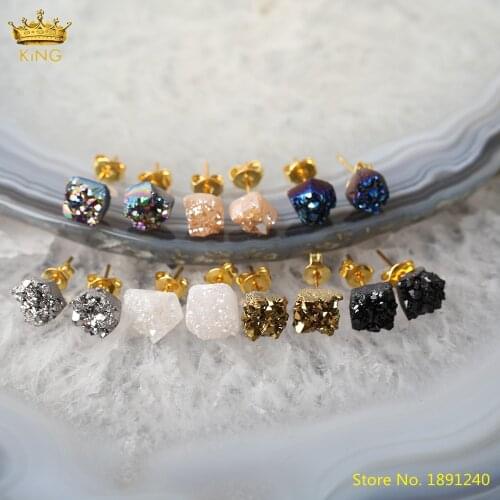 5Pairs Blue Gold Color Natural Druzy Geode Agates Chip Beads Stud Earrings Fashion Women Drusy Onyx Stone Gold Earstuds Jewelry