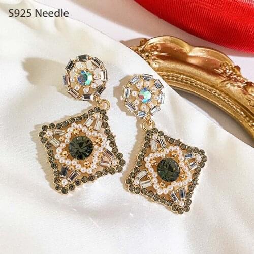 925 Sterling Silver Needle Dangle Drop Earrings for Women Jewelry Rhombus Shining Flower Elegant Vintage Female Earrings