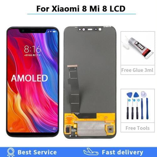 Super AMOLED 6.21" For Xiaomi Mi 8 MI8 LCD Display + Touch Screen Panel Digitizer Replacement lcd Assembly with tools + glue
