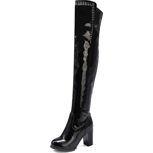 Rhinestone Oversized Square Heel Patent Leather Over-The-Knee Boots Burgundy Bright Leather Super High Heel And Velvet Warm Boot
