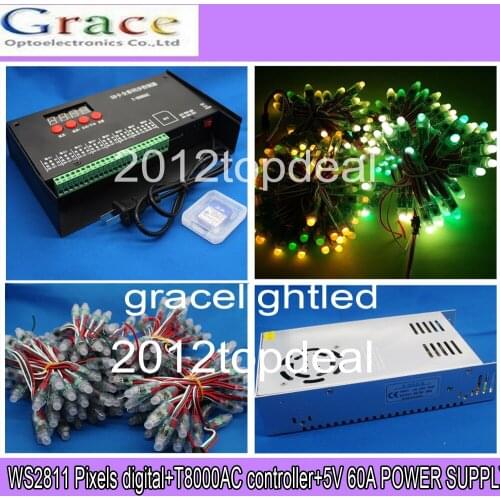 WS2811 12mm led RGB Pixels digital+T8000AC controller+5V 60A 300W POWER Kit