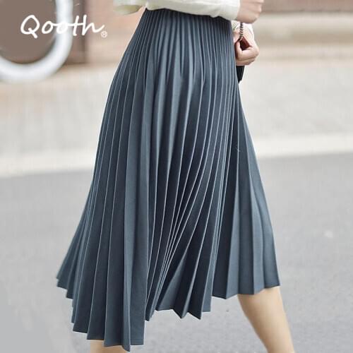 Qooth Spring Summer Women Elegant Pleated Skirts High Waist Women Midi Skirt Female High Quality Women Midi Skirts Saia QH1682