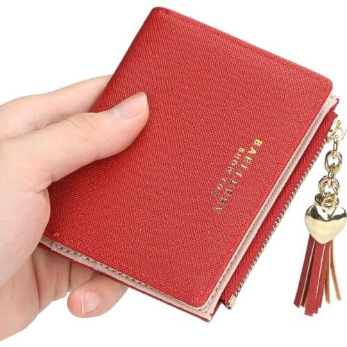 Ladies short multi-card wallet buckle coin purse bag cross pattern tassel zipper fashion card bag female bag