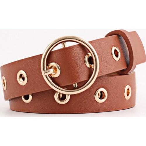 Women Leather With Buckle Round Metal Circle Female Belts Fashion Punk Cowboy Dress Black Waist Cinturones Para Mujer