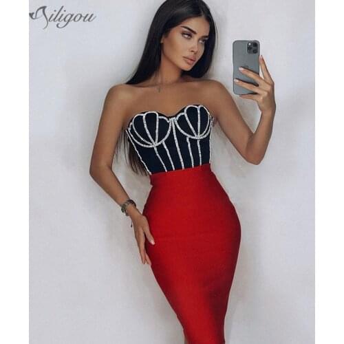 Ailigou High Quality 2021 New Summer WomenS Black Red Shiny Beaded Strapless Two-Piece Rayon Bandage Elegant Party Set Vestidos