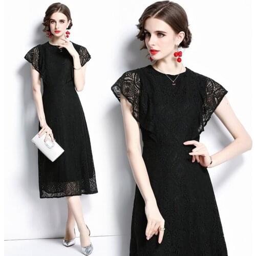 2021 Office Lady Black Elegant Evening Party Dress Vintage Temperament Lace A Line Dresses S-2XL Exquistite Long Banquet Gown