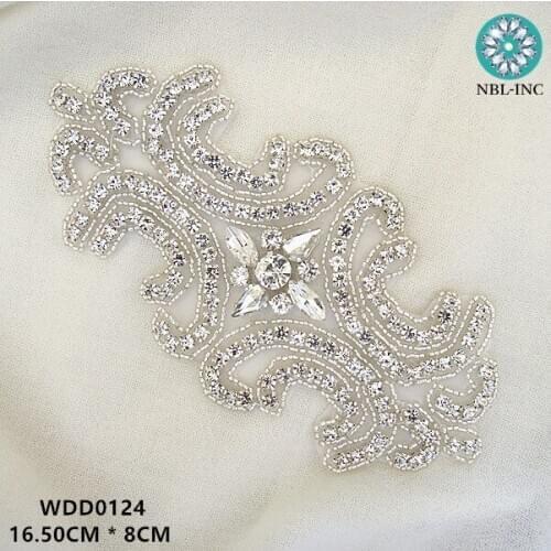 30pcs) Wholesale bridal beaded silver crystal rhinestone applique patch for wedding dresses sash iron on WDD0124
