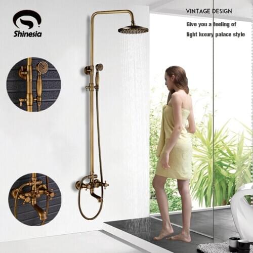 Antique Brass Bathroom Shower Set Faucet With Commodity Shelf And Hangers Mixer Tap 8" Rainfall head Dual Handles Wall Mounted