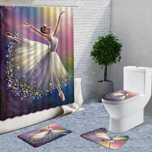 Ballerina Oil Painting Gouache Shower Curtain 4Pcs Sets Graceful Dance White Dress Baths Decor Screen Curtain Set Bath Mats Rugs