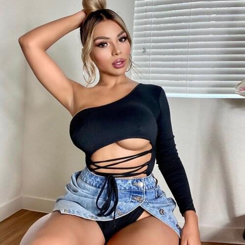 Tinastyle Black One Shoulder Sexy Bodysuit Women Tops Hollow Out Bandage Skinny Body Suit Solid Long Sleeve Party Bodysuits