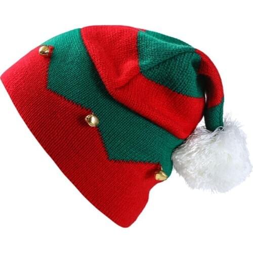 Toddler Kids Christmas Knitted Elf Hat with Small Bells Contrast Color Wavy Stripes Crochet Pompom Santa Cap Party Supplies