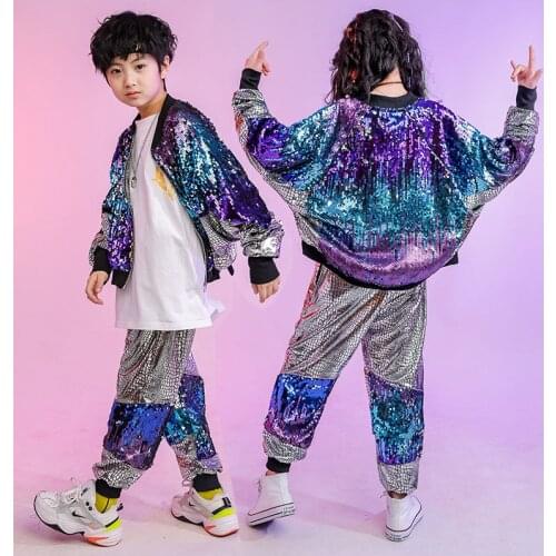 Kids 2 Pieces Suits Sets Streetwear Girls Boys Sequins Jacket Pant Hip Hop Jazz Dance Stage Show Costumes Children Clothing