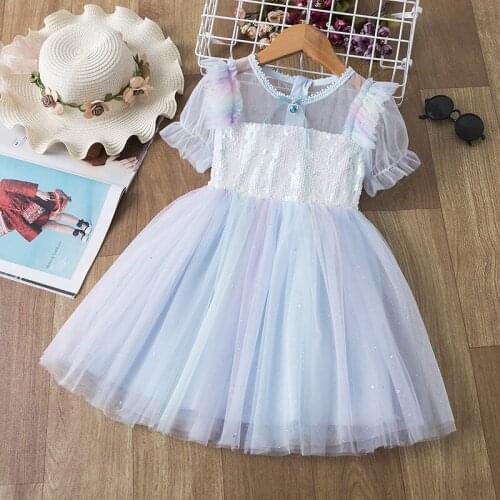 2021 New Girls Dresses for 2 3 4 5 6 Years Child Summer Boutique Clothing Starry Sky Rainbow Princess Net Yarn Sequins Dress