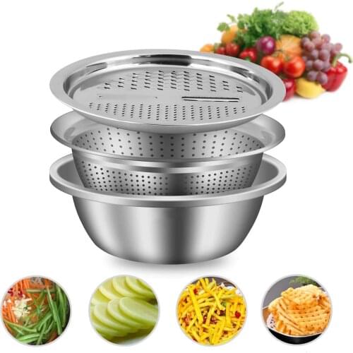 Kitchen Vegetable Grater Stainless Steel Drain Basket Slicer Strainer Colander Multi-Function 3 in 1 Cutting Basin