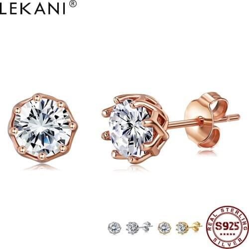 LEKANI Genuine 925 Sterling Silver Flower Earrings For Women Clear Round Cubic Zirconia Small Stud Earring Silver 925 Jewelry