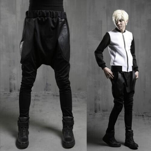 27-44 New Fashion Trendy Men Street Dance Hari Style Leather Spliced Big Pocket Performance Hip Hop Pants Plus Size Harem Pan