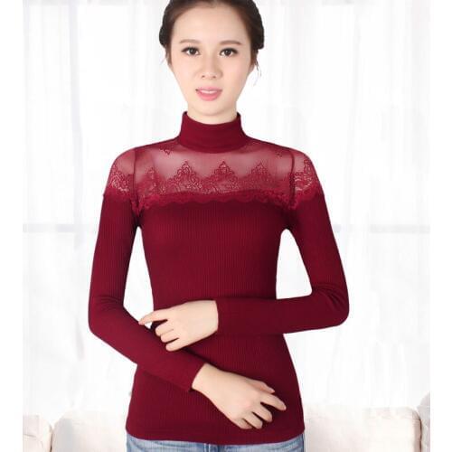 New Ladies knitted underwear long johns women lace shirt collar thread on wear small slimming thermal T-shirt spring body female